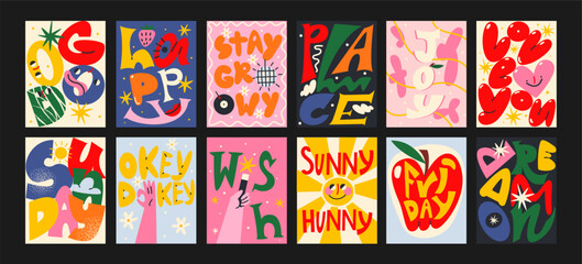 Abstract typographic posters in minimalist style. Wall decor, trendy banners with inscriptions and quotations in Matisse cartoon style. Wallpaper decor, wall art, prints, and postcards.