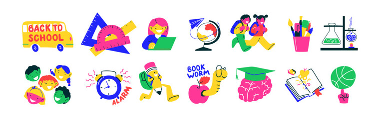 Set cartoon back to school stickers in the 90s style. Retro elements, office, study. Groovy characters students, school supplies, lessons, university. Trendy bright vector set	