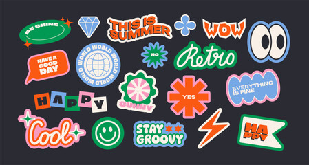 Futuristic y2k patches, labels, tags, stickers, bracelet stamps in retro style. Cartoon stickers in funky hipster groovy grunge 90s style. Vector set, trendy promo labels © Limpreom