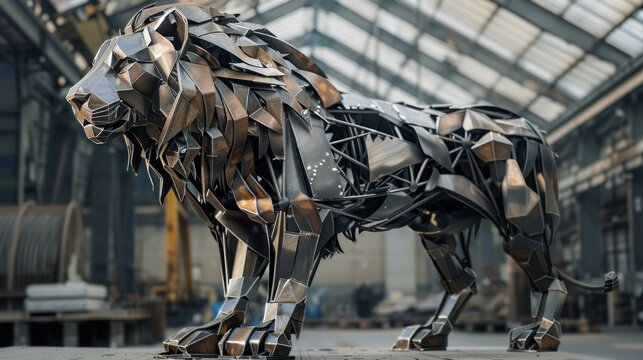 Geometric Lion Sculpture Made of Metal