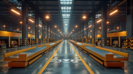 Automated Warehouse Conveyor System. Wide view of an automated conveyor system in a large warehouse, designed for efficient goods handling and distribution.
