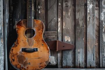 Fototapeta premium Antique Acoustic Guitar Against Weathered Barn Door - Rustic Music Scene for Vintage Design