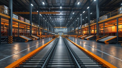 Obraz premium Advanced Sorting Facility with Conveyors. Modern sorting facility with multiple conveyor belts, bright lighting, and organized storage areas for efficient logistics.
