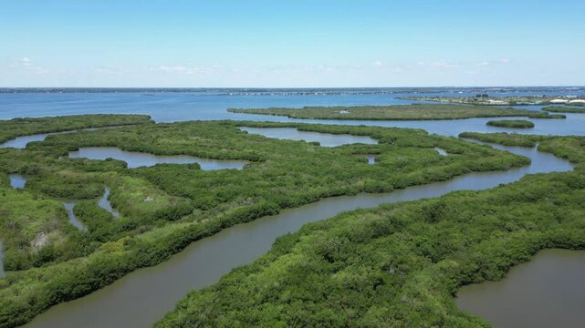Flying over Thousand Islands Conservation Area in the Indian River Lagoon in Cocoa Beach, Brevard County, Florida.	