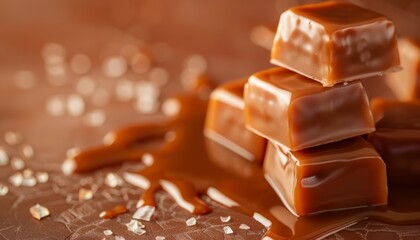 Stack of Layered Chocolate Pralines with Caramel on Brown Background