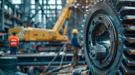 Fototapeta premium Heavy Machinery Gears at a Construction Site with Crane and Workers in Background for Industrial Design