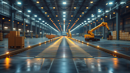 Obraz premium Automated Conveyor System in Warehouse. Advanced automated conveyor system in a large warehouse, featuring bright lighting and organized storage areas.