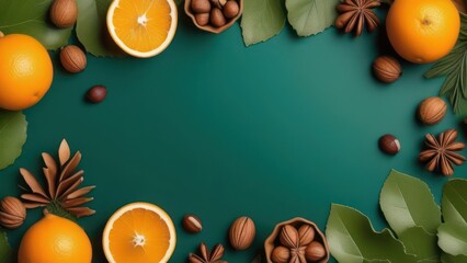 Autumn frame with dry oranges, fallen oak leaves, acorns, walnuts on vintage green background. 