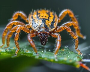 Fototapeta premium Extreme Close-up Macro Shot of Tick on Grass Blade with Detailed Body Texture and Legs for Scientific Study