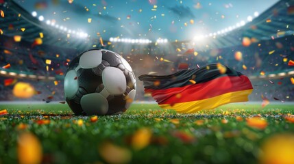 Naklejka premium Soccer Ball and German Flag on a Stadium Field