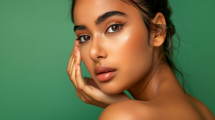Close-up portrait of a young Indian woman with natural makeup skincare.