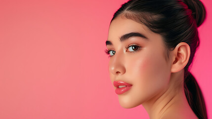 Fototapeta premium Close-up portrait of a young Indian woman with natural makeup skincare.