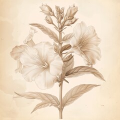 Vintage botanical illustration with detailed line work and sepia tones, echoing classic scientific drawings