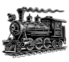 Steam locomotive train in steampunk style sketch engraving generative ai raster illustration. Scratch board imitation. Black and white image.