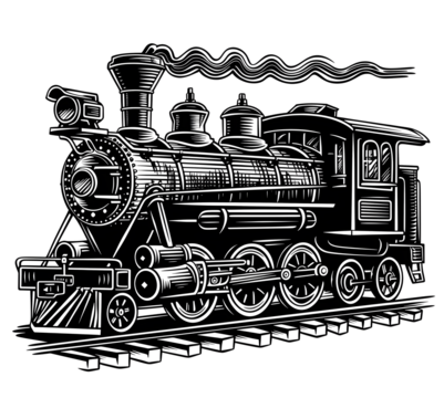 Steam locomotive train in steampunk style sketch engraving generative ai raster illustration. Scratch board imitation. Black and white image.