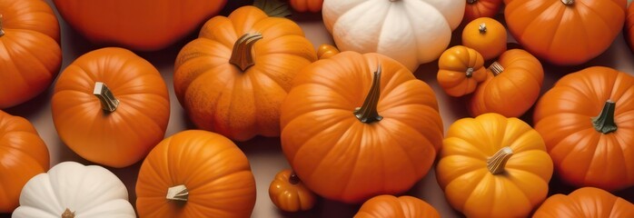Banner pumpkins, maple leaves, cotton on beige background with copy space. Happy Thanksgiving holiday concept