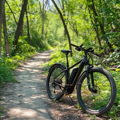 Fototapeta premium Electric bicycle parked near a scenic trail, encouraging green transportation and reducing carbon footprint