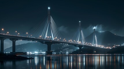 bridge, night, illuminated, lights, water, reflection, cityscape, skyline, dark, river, architecture, structure, glowing, twilight, urban, horizon, silhouette, beams, towers, cables, lanterns, moonlit