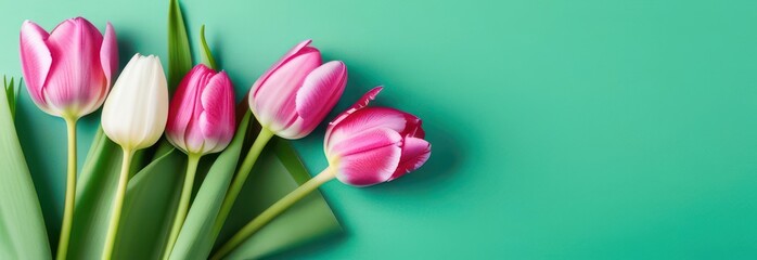 Banner Happy Mother's Day greeting card. Gift box with pink tulips on green background