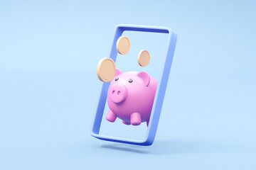 A modern 3D render illustrating the integration of savings and payment management with floating elements of a smartphone, piggy bank, and icons representing saving money, making payments, and earning 