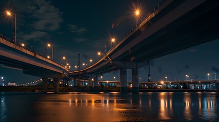 bridge, night, illuminated, lights, water, reflection, cityscape, skyline, dark, river, architecture, structure, glowing, twilight, urban, horizon, silhouette, beams, towers, cables, lanterns, moonlit