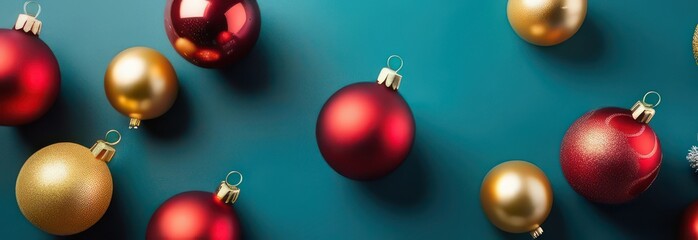 Banner Christmas or New Year background. Christmas frame of red and golden ball ornaments on dark turquoise background