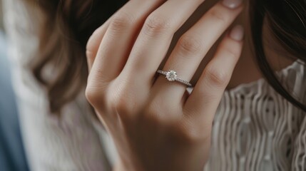 A woman is holding her hand up to show off her diamond ring