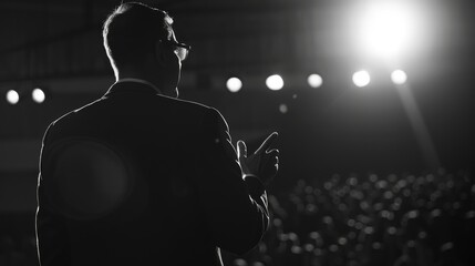 A man stands on stage in front of a crowd, giving a speech