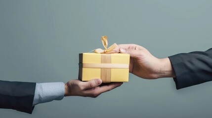 Grateful Business Professional Receiving Gift Box From Team Member in Minimalist Setting
