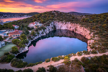 The Zmajevo oko, Dragon's Eye lake at sunrise. Rogoznica, a popular tourist destination on the...