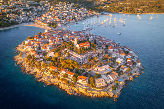 Aerial view of Primosten old town in Dalmatia, Croatia.Resort town on the Adriatic coast. Aerial view of adriatic town Primosten at sunset.