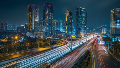 Naklejka premium High-speed highway in the city, with tall buildings and street lights along it. Long exposure, Cityscape with Light Trails at Night