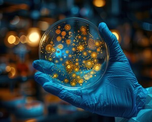 Illuminated Bacterial Colonies in Petri Dish Held by Gloved Hand - Copy Space for Text Above
