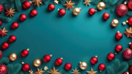 Creative Christmas or New Year background. Christmas frame of red and golden ball ornaments on dark turquoise background