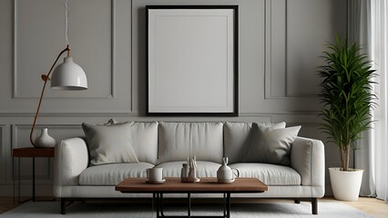 big white living room.loft interior design,big white chair,wooden table,floral in vase,lamp,carpet ,concrete wall for mock up and copy space. Generative AI
