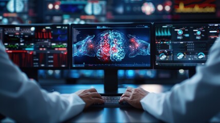 A person is working on a computer with a monitor displaying a brain