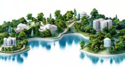 Obraz premium Scenic illustration of urban park with trees, pathways, and buildings surrounding a calm, reflective lake on a sunny day.