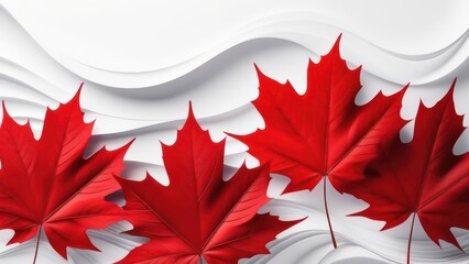 Abstract flowing waves with red maple leaves on white background 