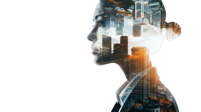 Double exposure of portrait office business workers and building architecture cityscape. creation city concept. Transparent background or PNG file.