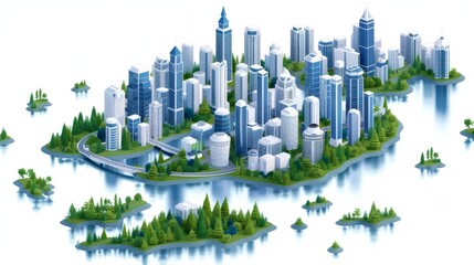 Fototapeta premium Futuristic cityscape on floating islands with skyscrapers and green spaces surrounded by water, featuring a blend of nature and urban architecture.