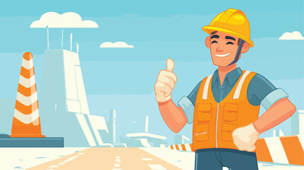 An asian builder in helmet giving thumb up. A builder