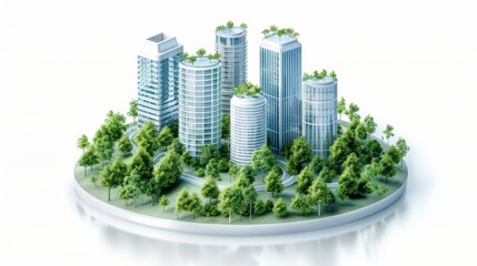 Miniature model of modern city with green skyscrapers surrounded by trees, representing urban sustainability and eco-friendly development.