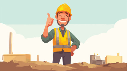 An asian builder in helmet giving thumb up. A builder
