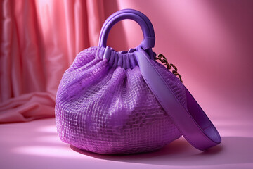Luxurious Purple Crystal Handbag on Pink Background. Close-up of a luxurious purple crystal handbag on a vibrant pink background