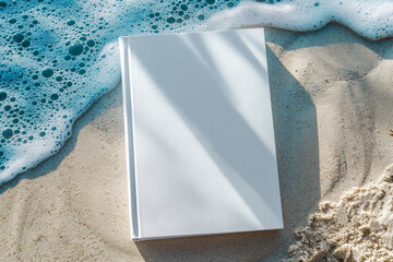 White blank book cover resting on sandy beach, with sea surf. Summer reading concept