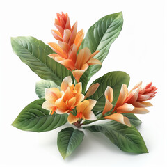 Vibrant Orange and Yellow Tropical Flowers with Green Leaves. Detailed view of vibrant orange and yellow tropical flowers with lush green leaves on a white background