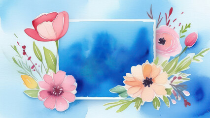 Greeting card with flowers on blue background. Happy Mother's Day, International Wonen's Day, Birthday, anniversary concept