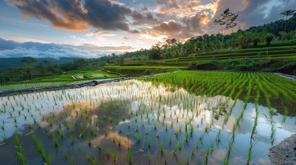 Rice paddies reflecting the sky, showcasing traditional farming methods and the beauty of rural landscapes.