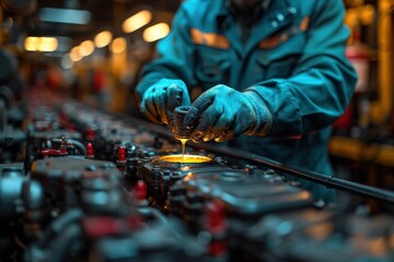 With precision and skill, a mechanic dressed in a blue jumpsuit pours oil into a car engine, ensuring optimal performance, inside a busy, well-lit garage setting.
