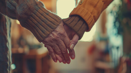 A senior couple holding hands and smiling, with a soft-focus background of a cozy home, capturing the warmth and depth of lifelong companionship